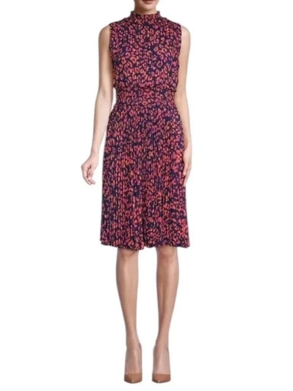 Nanette Lepore Women's Pleated Midi Dress Sleeveless Navy Pink Cheetah Print 8